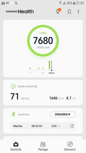 Samsung Health, Podomètre à l'accueil.